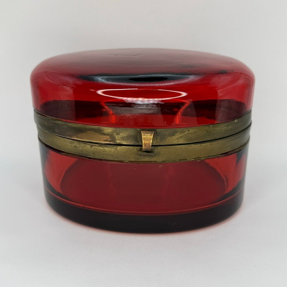 Antique Red Cranberry Crystal Hinged Casket Box Bohemian‎ French Brass Oval Rare - Picture 14 of 14